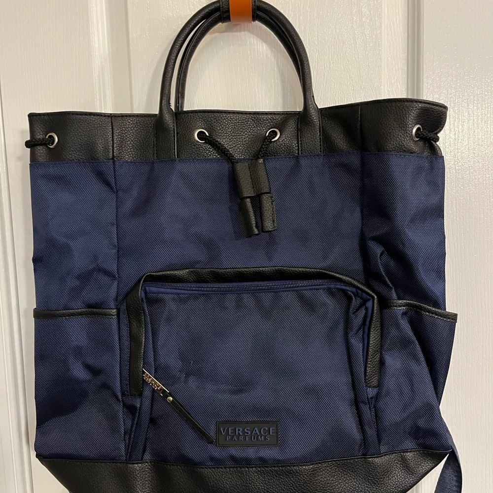 Versace Navy Blue Parfums Backpack duffle bag.